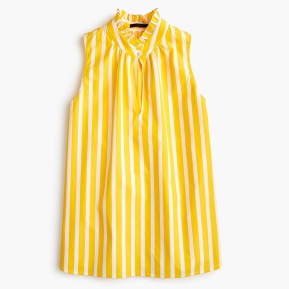 J.Crew Yellow and White Wide Stripe Ruffle Neck Sleeveless Top